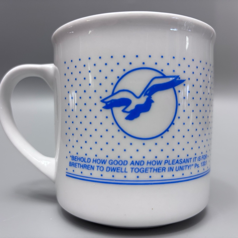 Vintage Blue White Ceramic Mug Psalm 133:1 Let There Be Peace Seagull 3.75”